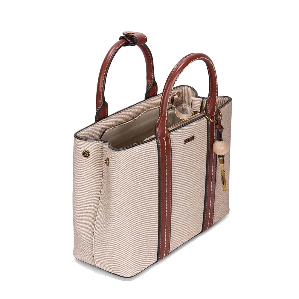 Bolsa Tote Média Canvas Marfim Pespontos Transversal - vista 2 de 2